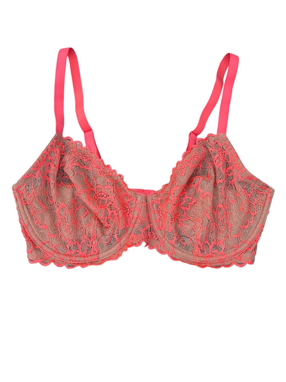 NWOT SAVAGE X FENTY Floral Lace Unlined Demi Bra Neon Coral & Nude 34DDD (34F)